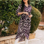 Φόρεμα midi μωβ-λευκό