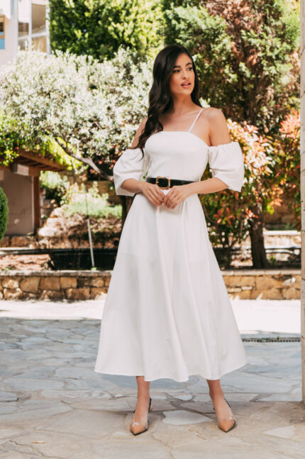Φόρεμα λευκό off shoulder maxi