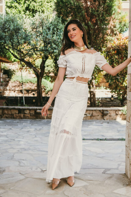 Σετ boho τοπ-φούστα λευκό