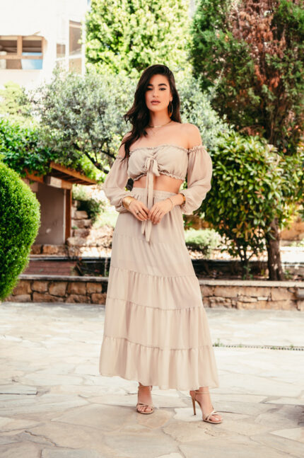 Σετ crop top με φούστα μπεζ