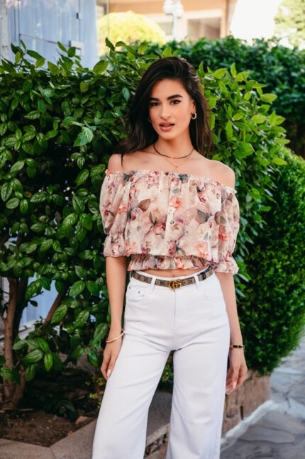 Μπλούζα off shoulder τούλινη μπεζ