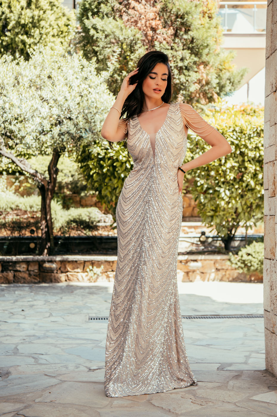 Φόρεμα maxi με παγιέτες και χάντρες silver