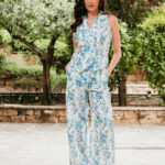 Σετ λινό γιλέκο-παντελόνι με λουλούδια γαλάζιο