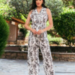 Σετ λινό γιλέκο-παντελόνι με λουλούδια μαύρο