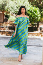 Φόρεμα σατέν maxi off shoulder μπλε-λαχανί - Image 2