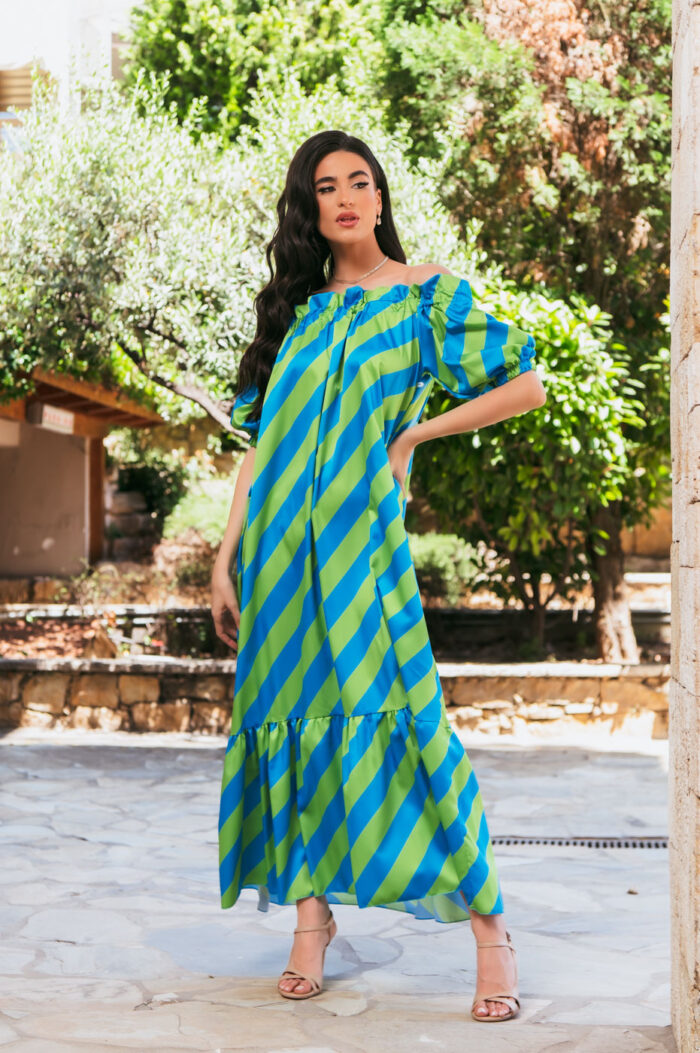 Φόρεμα σατέν maxi off shoulder μπλε-λαχανί - Image 3