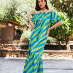 Φόρεμα σατέν maxi off shoulder μπλε-λαχανί