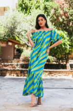 Φόρεμα σατέν maxi off shoulder μπλε-λαχανί