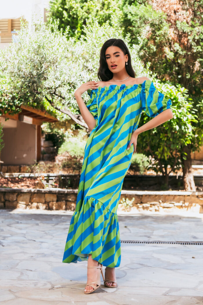 Φόρεμα σατέν maxi off shoulder μπλε-λαχανί