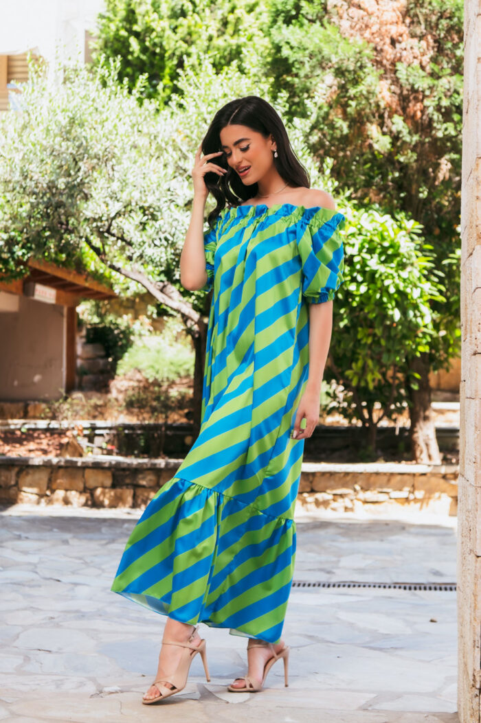 Φόρεμα σατέν maxi off shoulder μπλε-λαχανί - Image 4