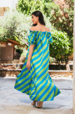 Φόρεμα σατέν maxi off shoulder μπλε-λαχανί - Image 5