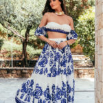 Σετ crop top off shoulder - φούστα μπλε