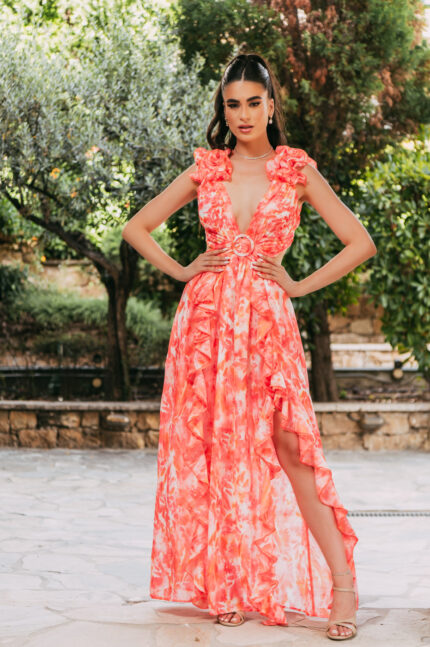 Φόρεμα maxi floral πορτοκαλί