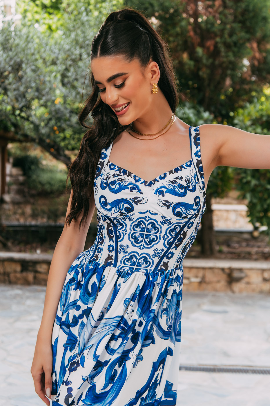 GA-1317-12 Φόρεμα maxi άσπρο με μπλε μοτίβα - Image 7