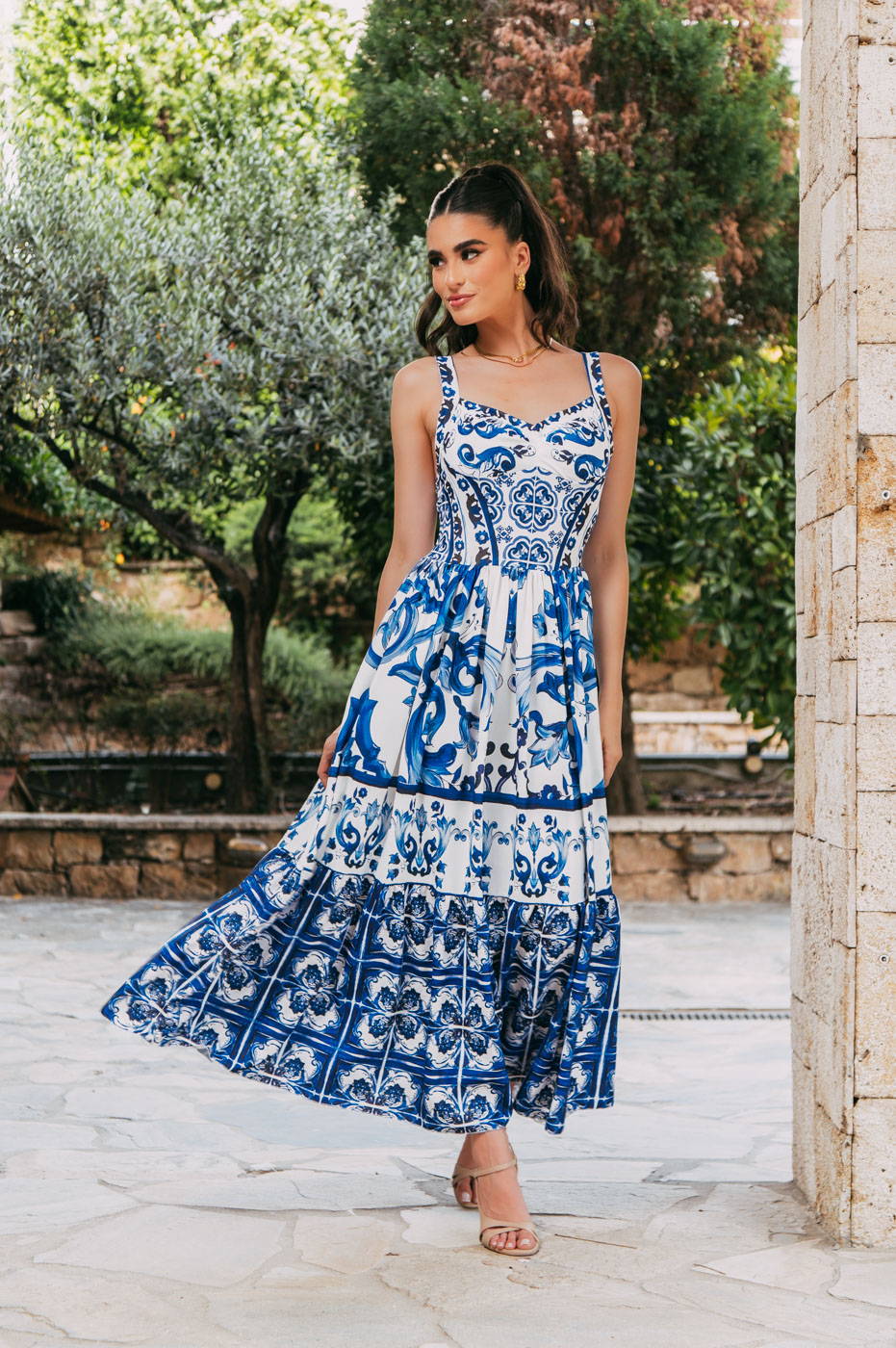 GA-1317-4 Φόρεμα maxi άσπρο με μπλε μοτίβα - Image 3