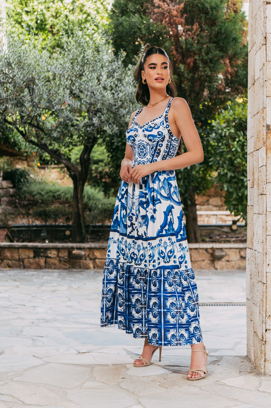 GA-1317-5 Φόρεμα maxi άσπρο με μπλε μοτίβα - Image 4