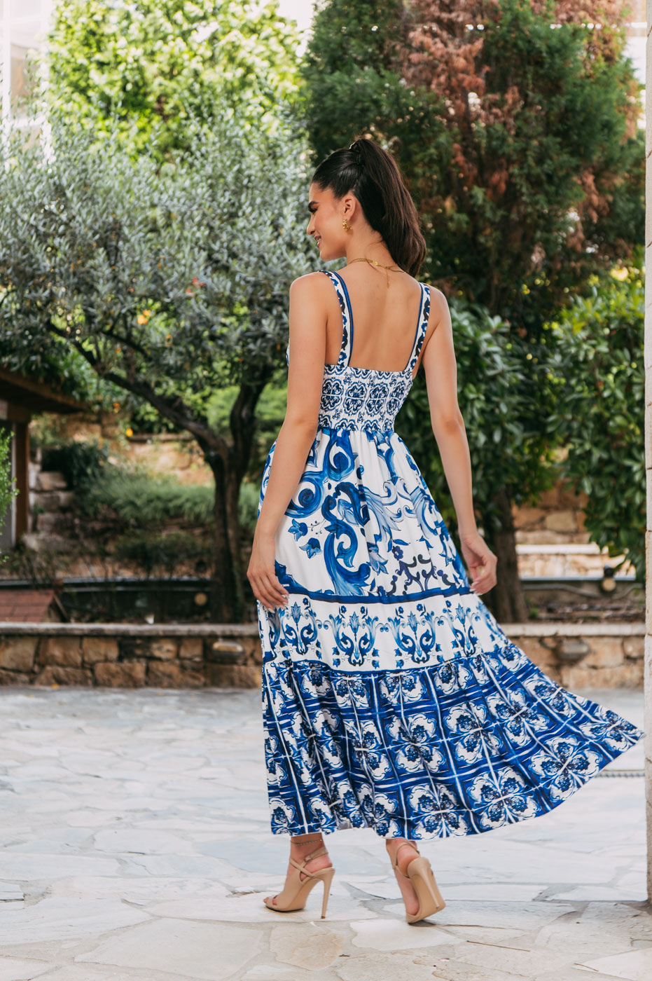 GA-1317-9 Φόρεμα maxi άσπρο με μπλε μοτίβα - Image 5