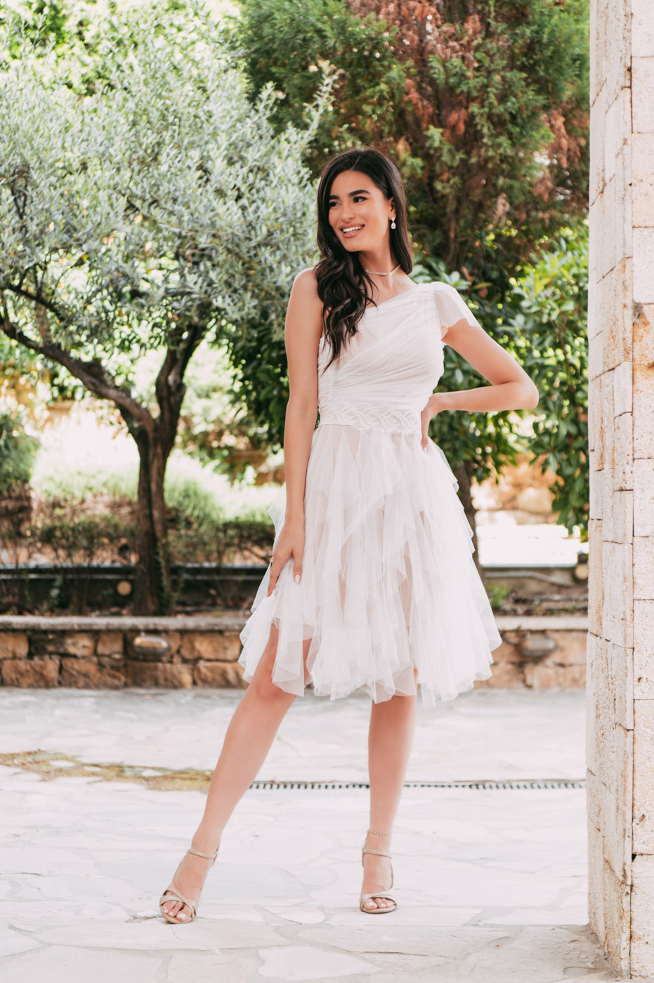 GA-1323-8 Φόρεμα τούλινο midi λευκό