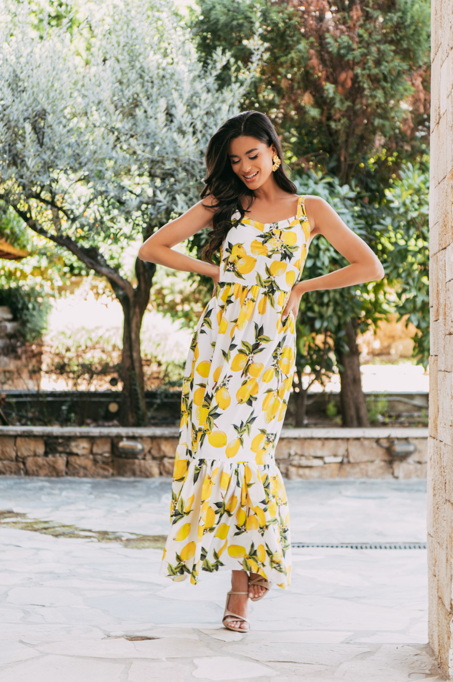 Φόρεμα maxi με λεμόνια άσπρο