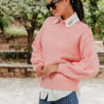 Μπλούζα πλεκτή ροζ με κουμπιά κοσμήματα