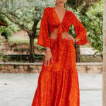 Σετ μπλούζα-φούστα πορτοκαλί με μοτίβο