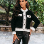 Ζακέτα πλεκτή μαύρη με άσπρες λεπτομέρειες