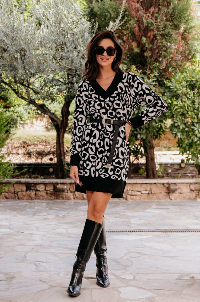 Φόρεμα midi πλεκτό animal print μαύρο
