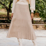 Φούστα midi πλεκτή ριγέ μπεζ