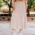 Φούστα midi πλεκτή ριγέ καφέ