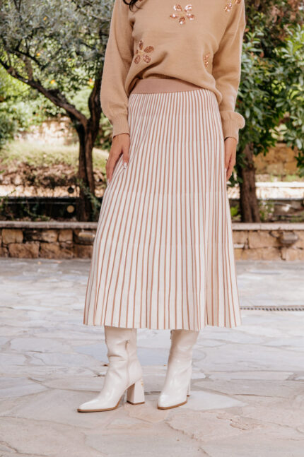 Φούστα midi πλεκτή ριγέ καφέ