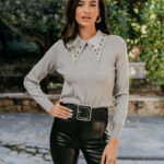 Μπλούζα πλεκτή γκρι με πέτρα στρας