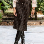 Φούστα midi πλεκτή καρό μαύρο-καφέ