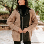 Ζακέτα πλεκτή με δερματίνη καφέ