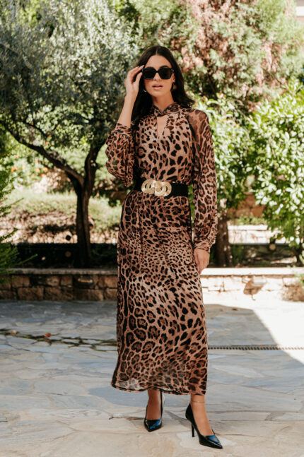 Φόρεμα maxi leopard με τούλι και μεσοφόρι