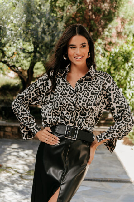 Πουκάμισο σατέν μπλε leopard με στρας