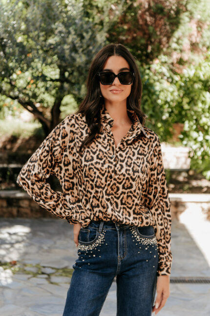 Πουκάμισο σατέν leopard με στρας