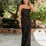 Φόρεμα στράπλες maxi με παγιέτες μαύρο
