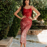 Φόρεμα midi με παγιέτες κόκκινο ombre