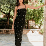 Φόρεμα midi με πέτρες στρας μαύρο