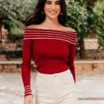 Μπλούζα πλεκτή off shoulder ριγέ κόκκινη