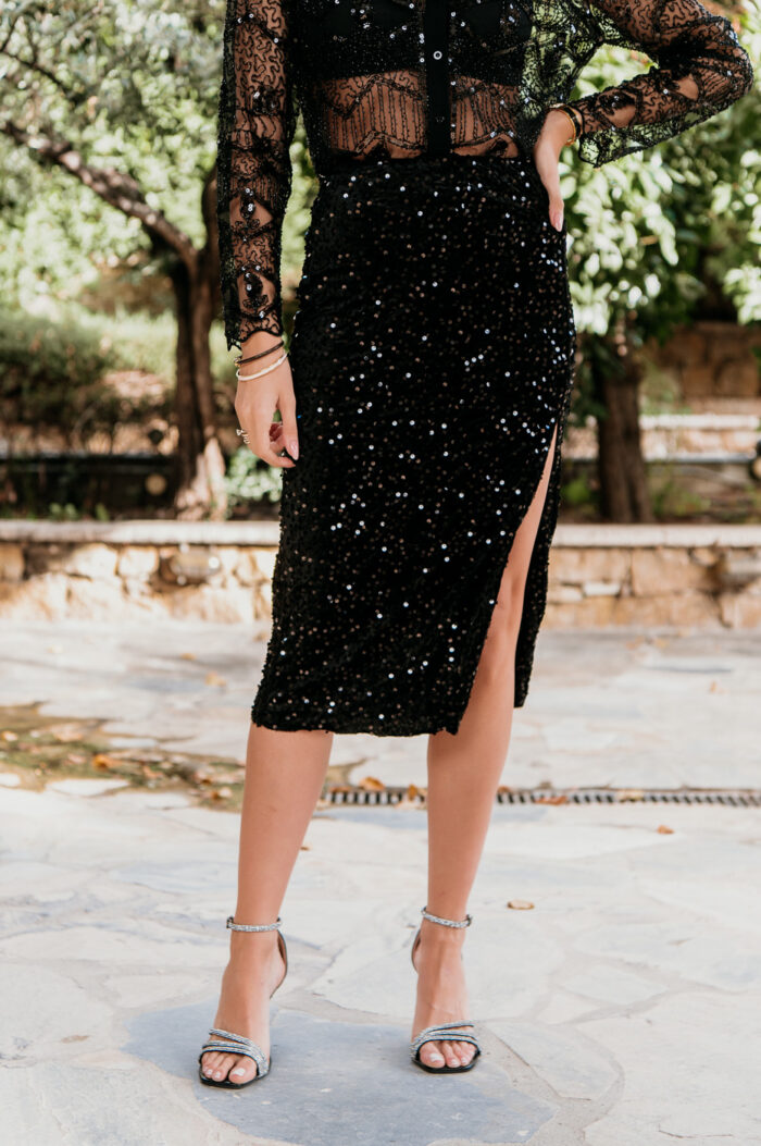 Φούστα midi velvet με παγιέτες μαύρη