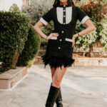 Φόρεμα mini tweed με πούπουλα τύπου Chanel μαύρο