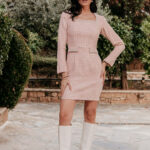 Φόρεμα midi tweed με στρας ροζ