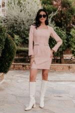 Φόρεμα midi tweed με στρας ροζ