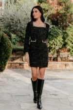 Φόρεμα midi tweed με στρας μαύρο - Image 3