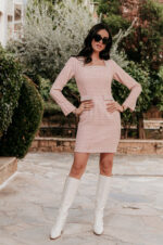 Φόρεμα midi tweed με στρας ροζ - Image 3