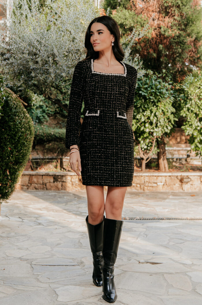 Φόρεμα midi tweed με στρας μαύρο - Image 3