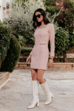 Φόρεμα midi tweed με στρας ροζ - Image 5