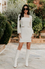 Φόρεμα midi tweed με στρας άσπρο