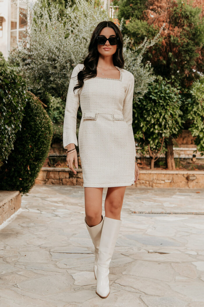 Φόρεμα midi tweed με στρας άσπρο - Image 2